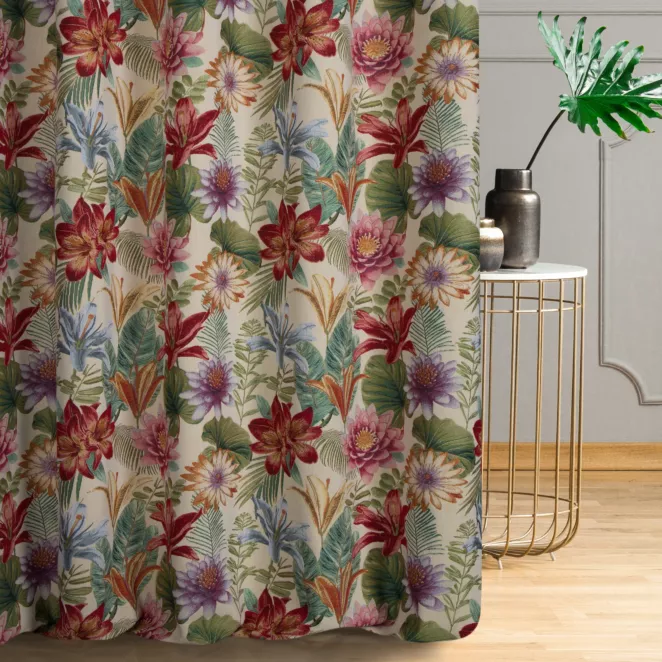 Zasłona szyta na taśmie fala beżowo czerwona z tkaniny gobelinowej w kwiatowy wzór, zawiera 20% bawełny