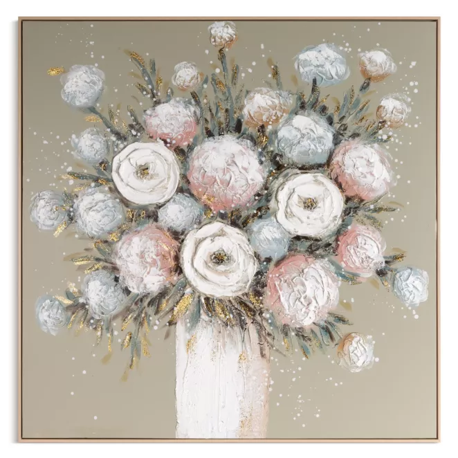 Obraz kremowo, beżowy ręcznie malowany z motywem kwiatów oprawiony w ramę 102x102 cm Eurofirany