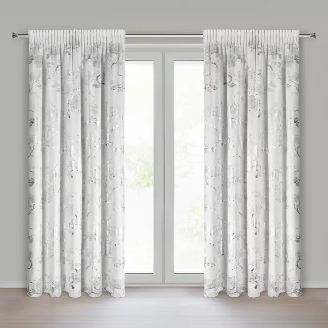 Zasłona biało, srebrna zdobiona nadrukiem błyszczących kwiatów 140x270 cm taśma - CELIA Eurofirany