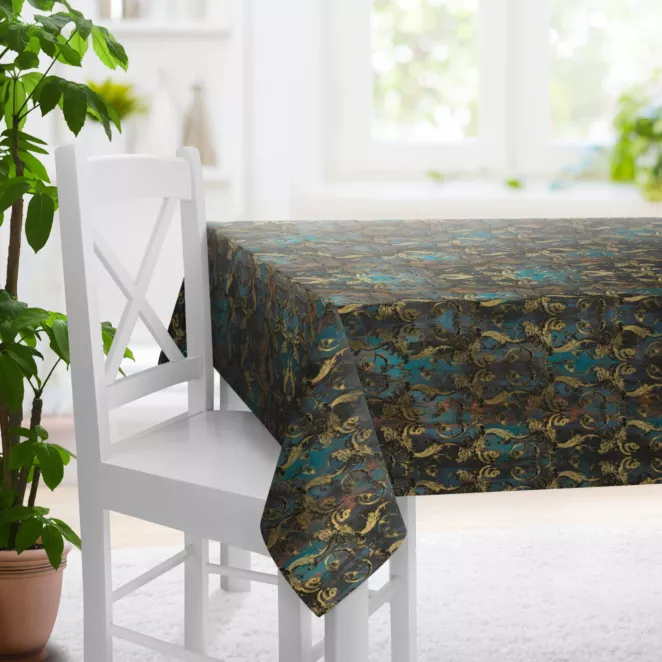 Obrus szyty ciemnoturkusowo złoty z miękkiej tkaniny w elegancki ornamentowy wzór
