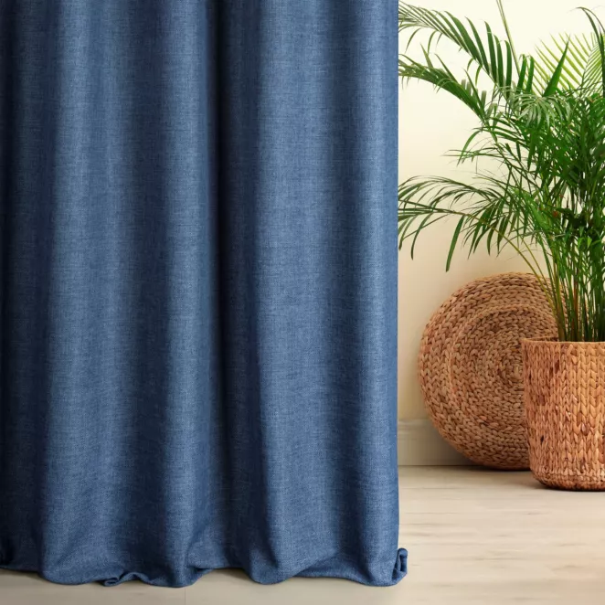 Zasłona szyta na taśmie fala LOVELY ciemnoniebieska z widocznym ozdobnym splotem, o naturalnym charakterze