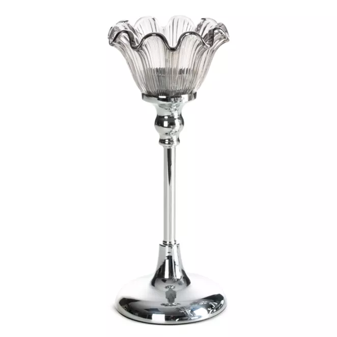 Świecznik dekoracyjny srebrno, grafitowy o szklanej kwiatowej formie średnica 11x27 cm ADENA Eurofirany