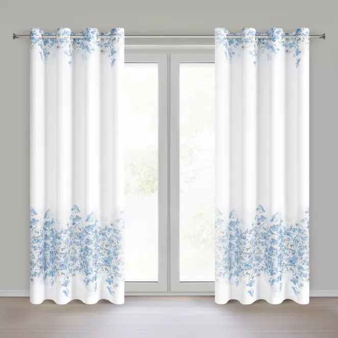 Zasłona biało, niebieska o satynowym splocie zdobiona motywem kwiatów 140x250 cm przelotka - NOA Eurofirany