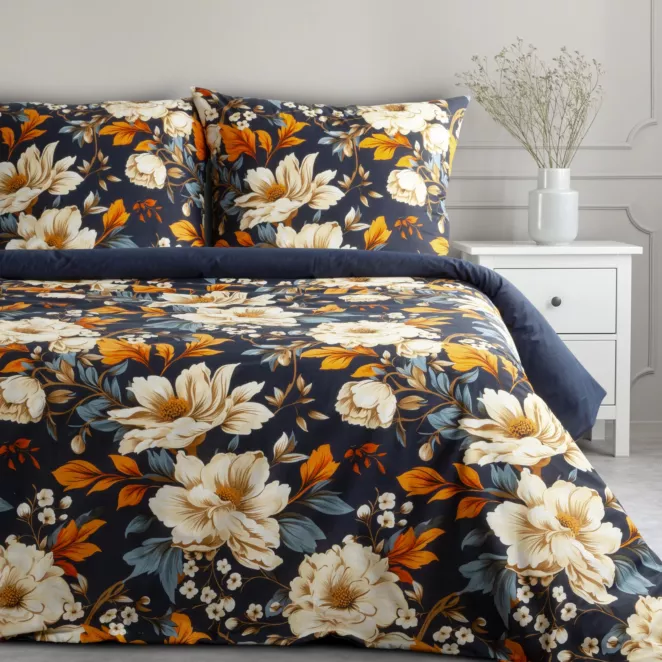 Pościel 160x200 cm bawełna ranforce kolor granatowy, pomarańczowy z motywem kwiatów FIORA Eurofirany