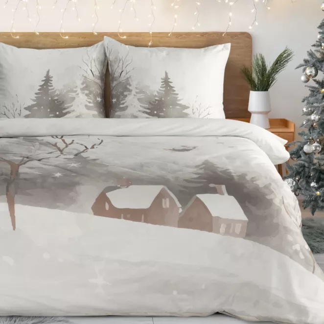Pościel świąteczna 140x200 cm z satyny bawełnianej, kolor biały, stalowy zdobiona nadrukiem zimowego krajobrazu INVERNO Eurofirany