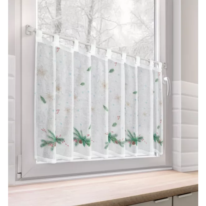 Zazdrostka świąteczna biało, zielona z etaminy zdobiona nadrukiem z motywem świątecznym 150x60 cm szelki - XMAS 4 Eurofirany