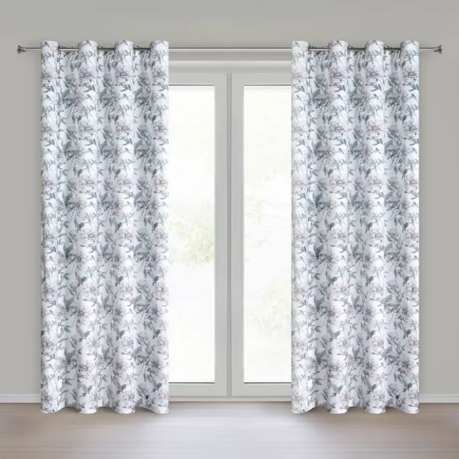 Zasłona biało, różowa welwetowa z motywem kwiatów 140x250 cm przelotka - BEVERLY Eurofirany