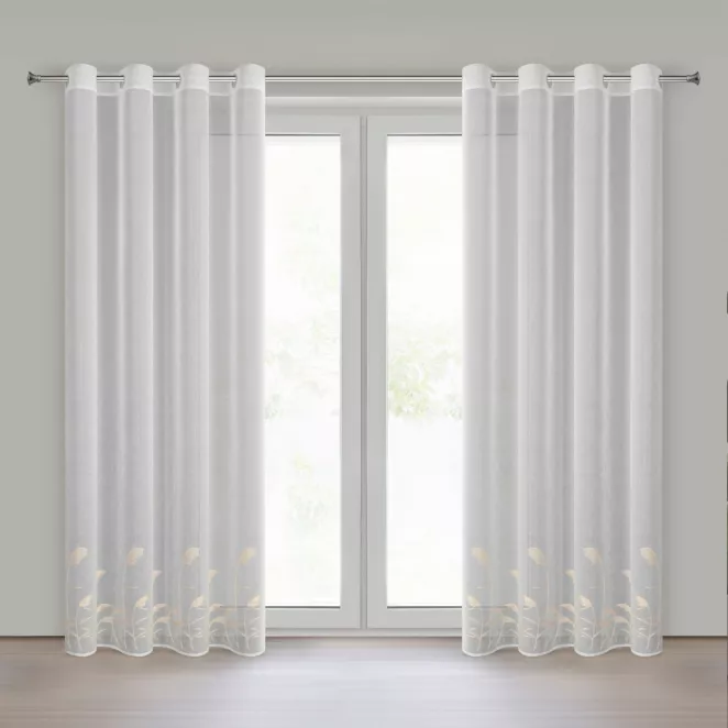 Firana biało, beżowa z etaminy zdobiona haftem w źdźbła ozdobnej trawy  140x250 cm przelotka - TASHA Eurofirany