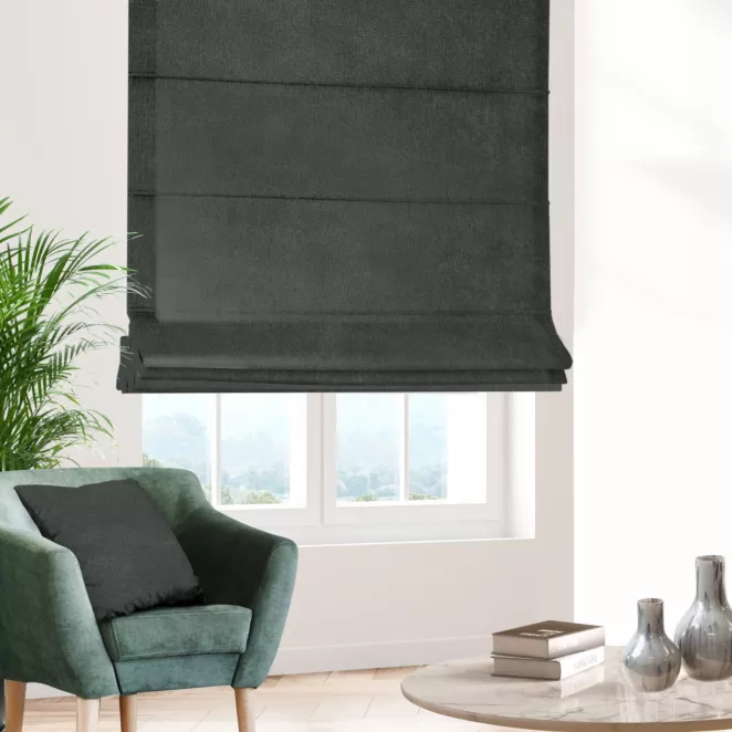 Roleta rzymska ENYA grafitowa z miękkiej półmatowej tkaniny welwetowej