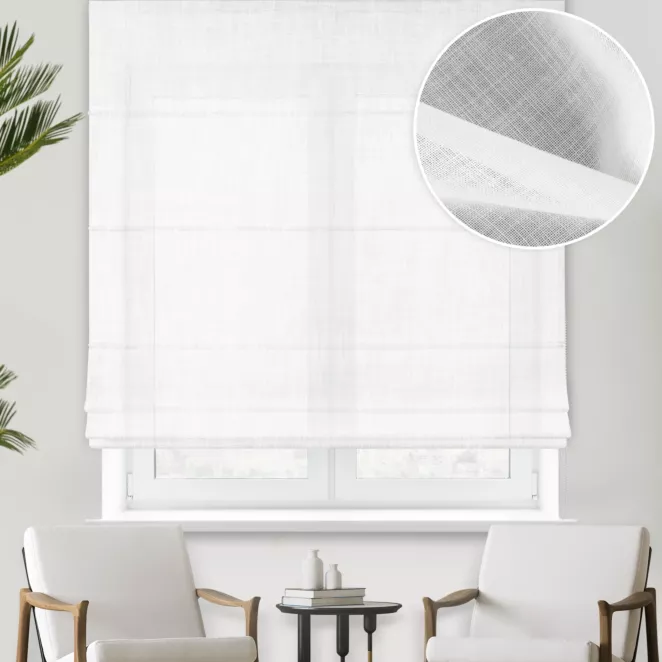 Roleta rzymska biała z matowej gęsto tkanej etaminy o naturalnym splocie i wysokości 350cm