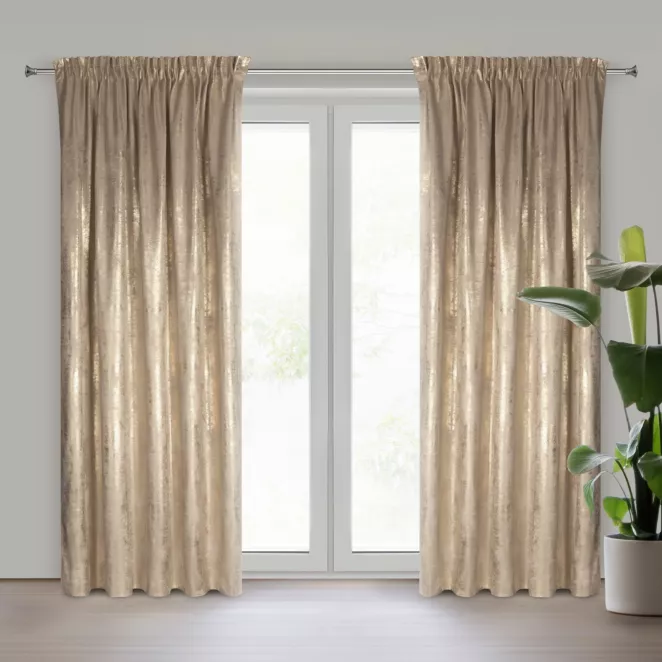 Zasłona beżowo, szampańska zdobiona błyszczącym przecieranym wzorem z welwetu 140x270 cm taśma RENIA Eurofirany