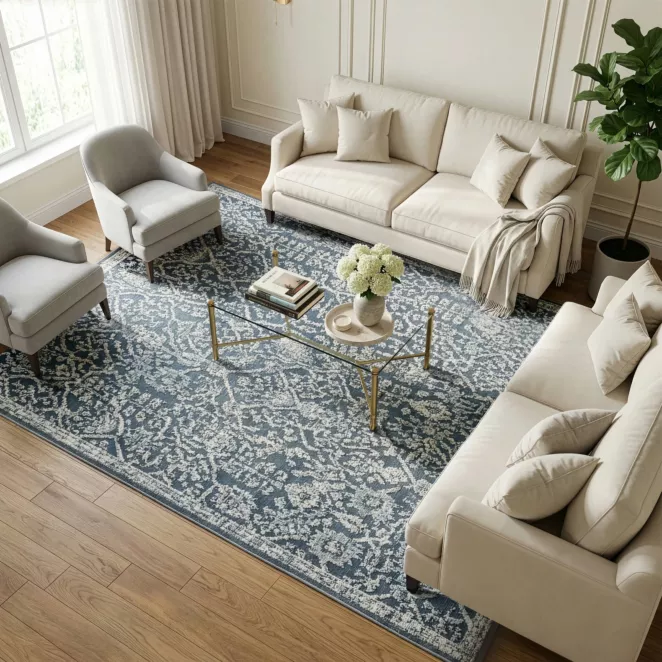 Dywan 60x100 cm ciemnoniebiesko, kremowy z wzorem ornamentu ELORA 6 Eurofirany