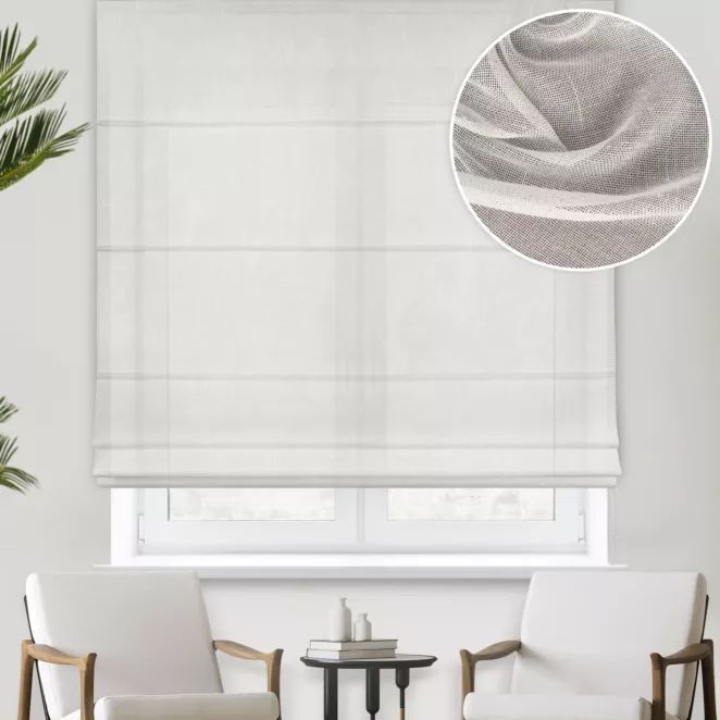 Roleta rzymska kremowa z grubej, matowej tkaniny o naturalnym splocie wykończona obciążnikiem