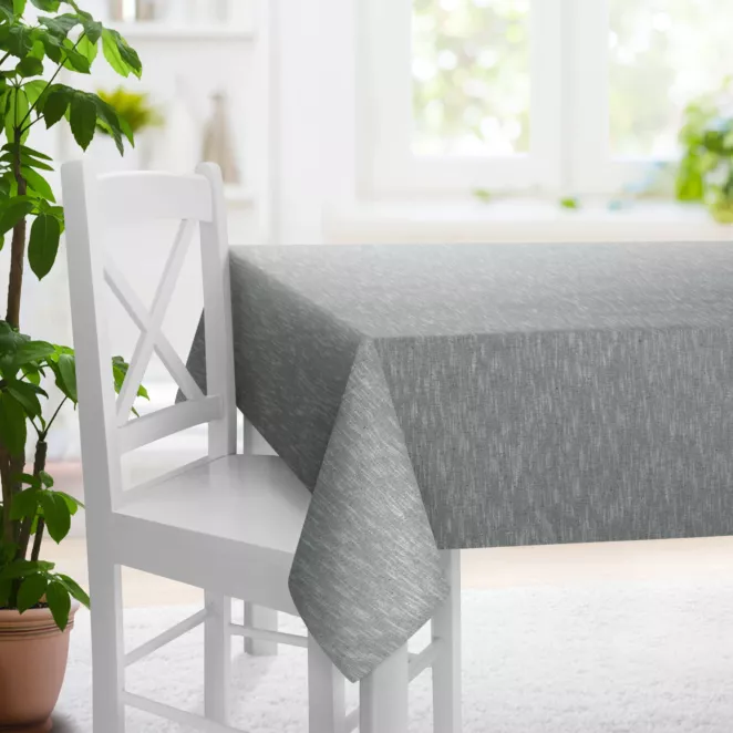 Obrus szyty popielaty z matowej luźnotkanej tkaniny z efektem melanżu, wykończona obciążnikiem