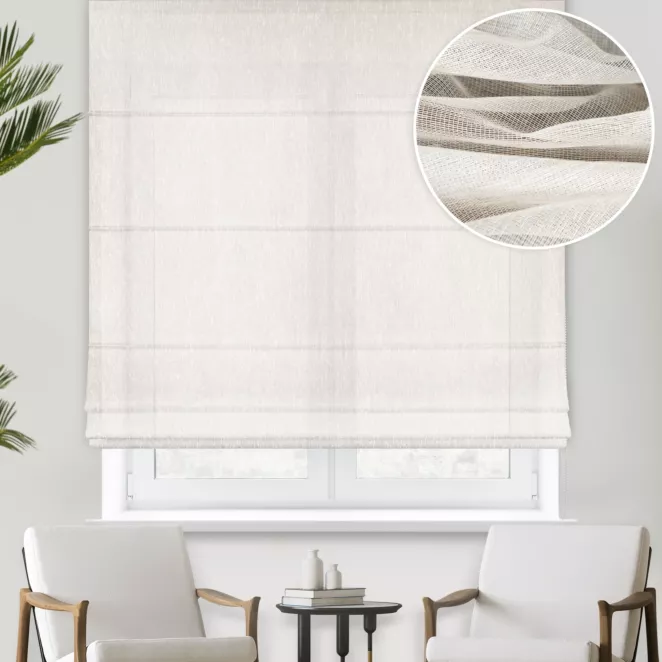 Roleta rzymska naturalno kremowa z matowej tkaniny z dodatkiem lnu, o naturalnym wyglądzie, z efektem deszczyku, wykończona obciążnikiem