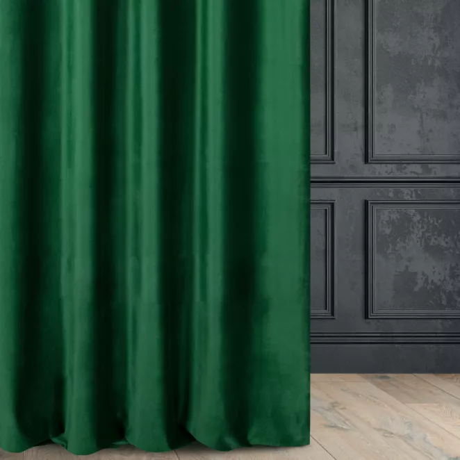 Zasłona szyta na taśmie fala zielono butelkowo zielona z miękkiej półmatowej tkaniny welwetowej