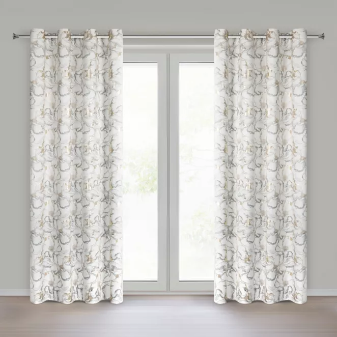 Zasłona biało, szara z welwetu zdobiona nadrukiem kwiatów i szampańskich akcentów 140x250 cm przelotka - LISA Eurofirany