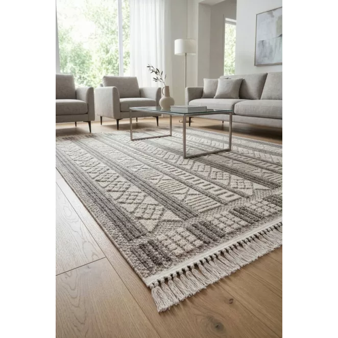 Dywan 50x80 cm jasnobeżowy, jasnoszary zdobiony motywem geometrycznym z frędzlami JOY3 Eurofirany