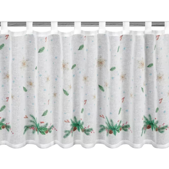 Zazdrostka świąteczna biało, zielona z etaminy zdobiona nadrukiem z motywem świątecznym 150x60 cm szelki - XMAS 4 Eurofirany