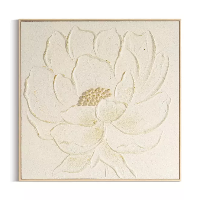 Obraz kremowo, zloty ręcznie malowany na płótnie z motywem kwiatów oprawiony w ramę 62x62 cm Eurofirany