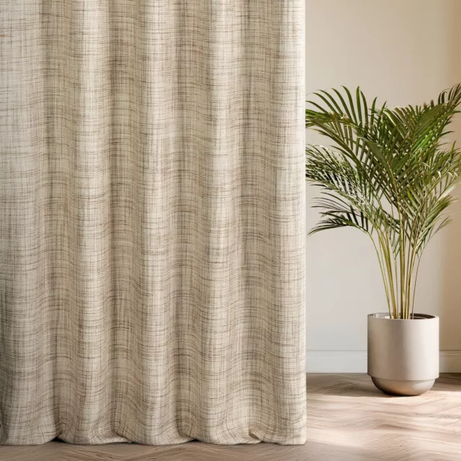 Zasłona szyta na taśmie fala ciemnokremowa z tkaniny o grubym splocie z efektem melanżu
