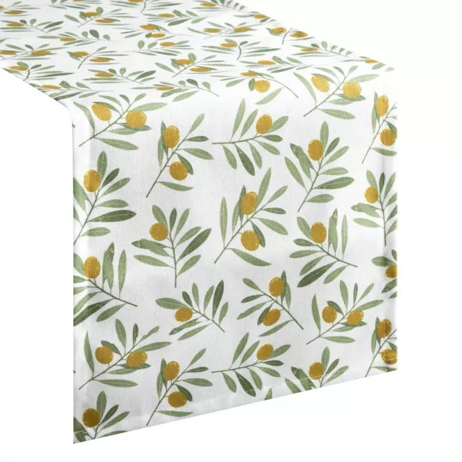 Bieżnik na stół plamoodporny 40x140 cm biało, zielony z motywem oliwek - ERIN Eurofirany