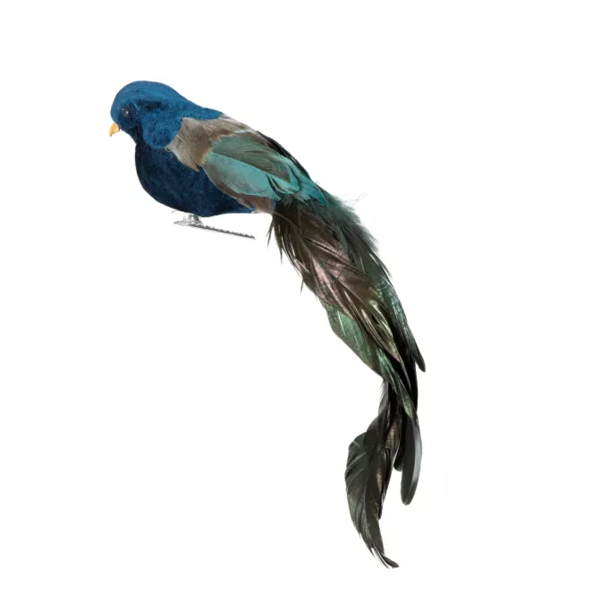 Granatowy ptaszek dekoracyjny z długimi piórami na choinkę z klipsem 30 cm Eurofirany