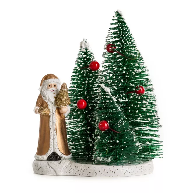 Figurka świąteczna złoty Mikołaj z zielonymi choinkami 11x14 cm Eurofirany