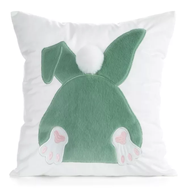 Wielkanocna poszewka na poduszkę 45x45 cm welwetowa z uroczym zajączkiem biało, szałwiowa WIOSNA 129  Eurofirany