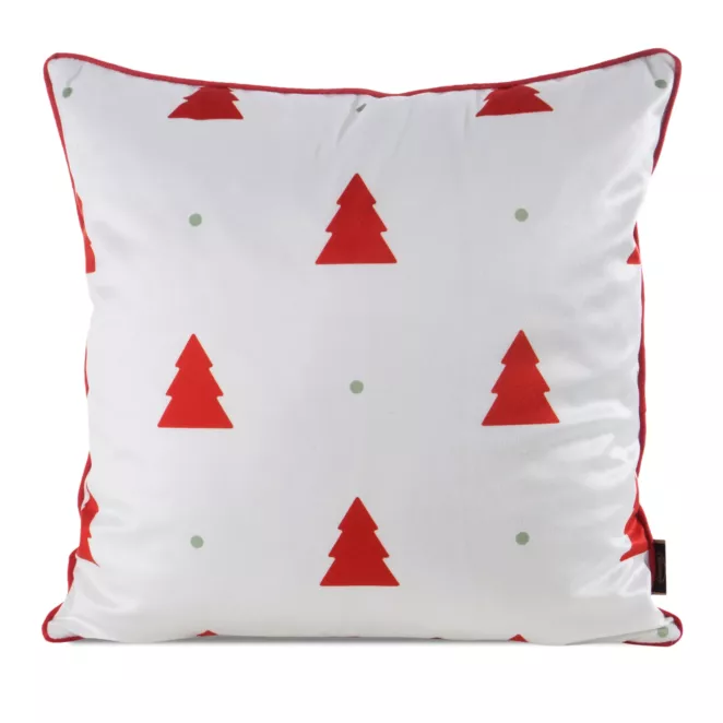Poszewka na poduszkę świąteczna 45x45 cm biało, czerwona zdobiona nadrukiem choinek i elegancką wypustką Eurofirany