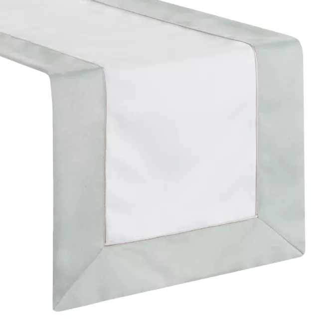 Bieżnik na stół naturalno, oliwkowy 40x140 cm SANDI z ozdobną listwą i beżową wypustką