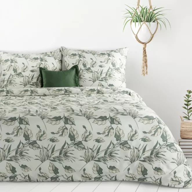 Pościel 140x200 cm komplet 2 częściowy kolor zielono, biały z motywem liści DONNA Design 91 Eurofirany