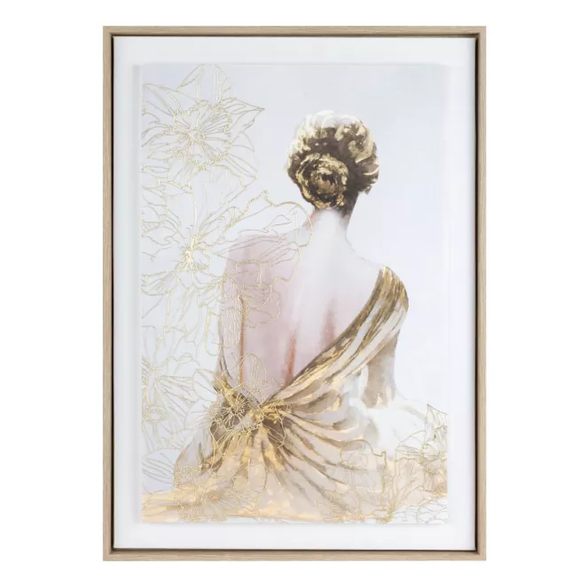 Obraz kremowo, złoty dekorayjny z artystycznym motywem postaci oprawiony w ramę 50x70 cm Eurofirany