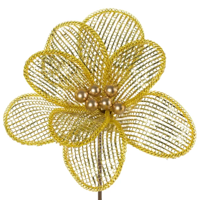 Złoty kwiat na choinkę stroik z siateczki z perełkami 28 cm Eurofirany