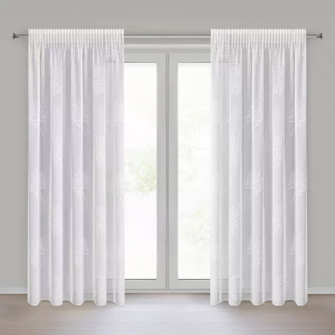 Firana biała z lekkiej etaminy z żakardowym motywem liści 140x270 cm taśma JANE Eurofirany