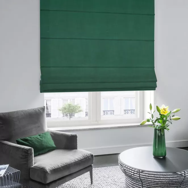 Roleta rzymska ENYA ciemnozielona z miękkiej półmatowej tkaniny welwetowej