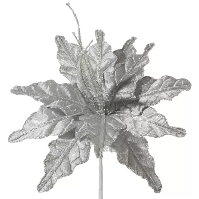 Srebrny kwiat poinsecja gwiazda betlejemska z welwetu na choinkę 22 cm Eurofirany