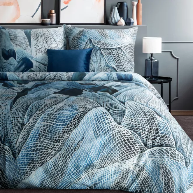 Pościel 160x200 cm komplet 3 częściowy z makosatyny bawełnianej kolor turkusowo biały z motywem designerskim Eurofirany Premium