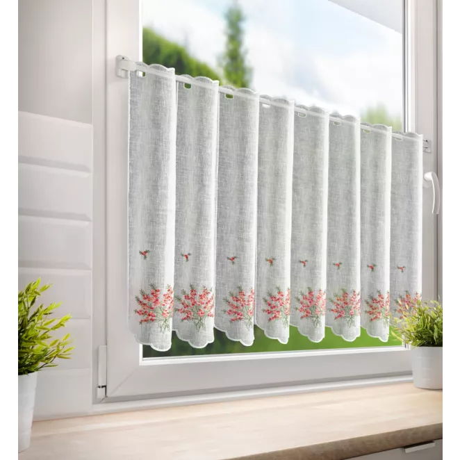 Tkanina firanowa zazdrostka zdobiona haftem różowych kwiatów Eurofirany