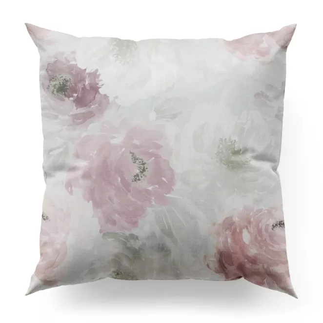 Poszewka szyta jasnokremowo pudrowa z tkaniny o naturalnym splocie z kwiatowym nadrukiem