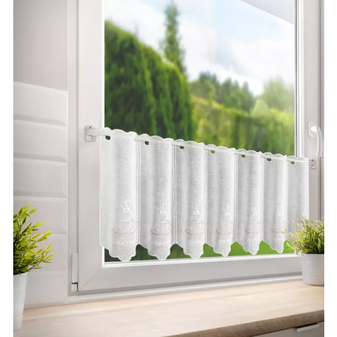 Tkanina firanowa zazdrostka zdobiona haftem filiżanki kawy