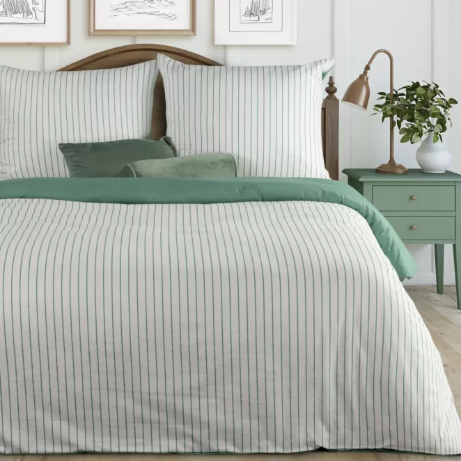 Pościel 140x200 cm komplet 2 częściowy z satyny bawełnianej kolor biało, miętowy w paseczki RAYA Eurofirany