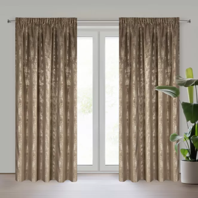 Zasłona brązowo, szampańska welwetowa z błyszczącym nadrukiem 140x250 cm taśma - INGRID Eurofirany