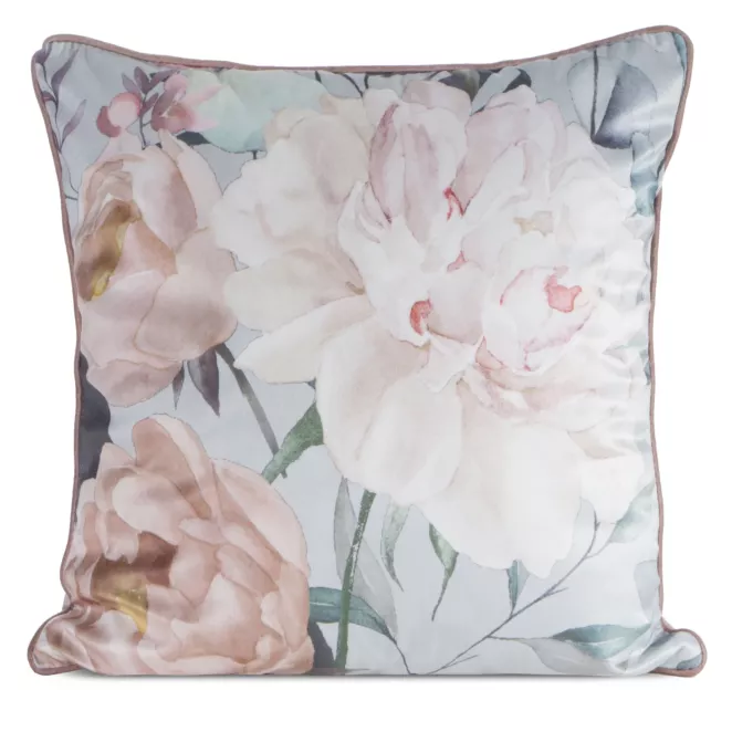 Poszewka na poduszkę 45x45 cm welwetowa srebrno, różowa  z nadrukiem kwiatów ROSITA 2 Eurofirany