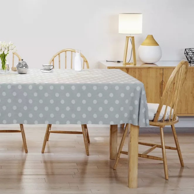 Obrus szyty srebrno kremowy dwustronna, z wzorem w grochy