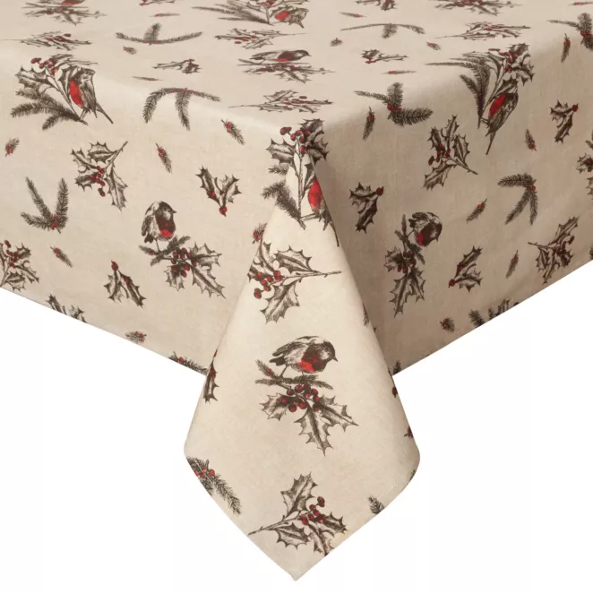 Obrus świąteczny 145x300 cm beżowo, brązowy bawełniany zdobiony zimowym nadrukiem MELODY Eurofirany