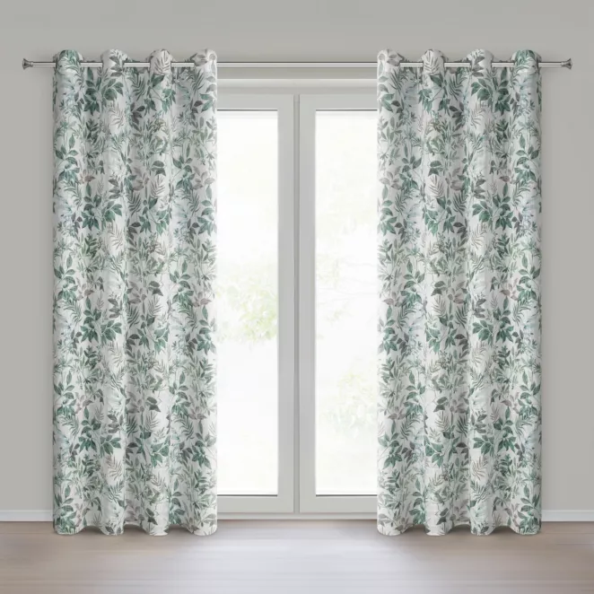 Zasłona o naturalnym splocie zdobiona nadrukiem liści biało, zielona 140x250 cm przelotka - AMANDA Eurofirany