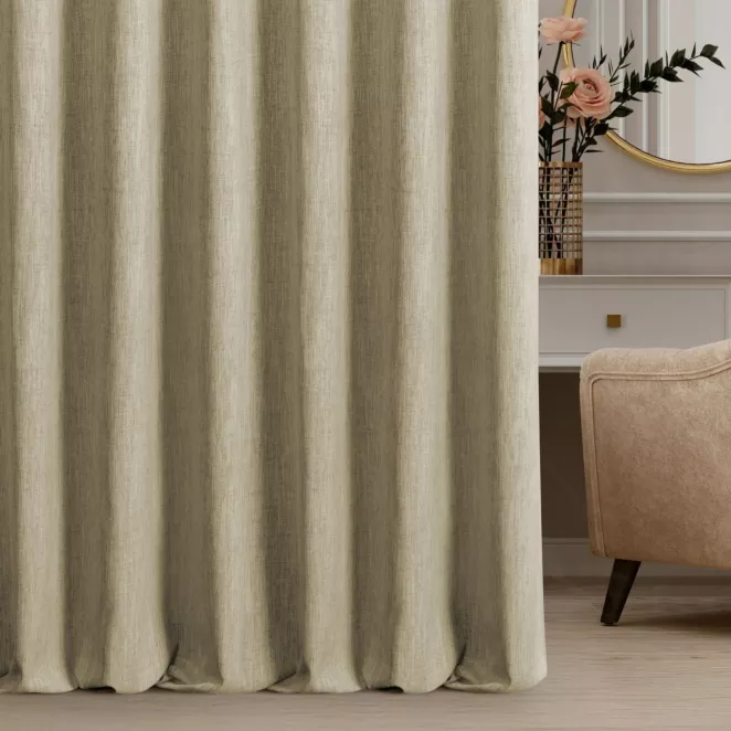 Zasłona szyta na taśmie fala jasnobrązowa z tkaniny o naturalnym splocie z efektem melanżu