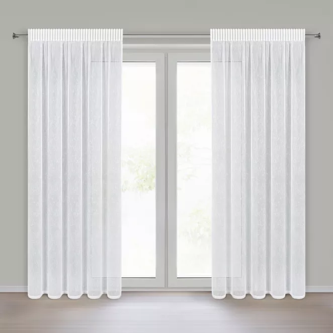 Firana biało, srebrna o strukturze drobnego deszczyku przetykana srebrną nicią 140x270 cm taśma KELLY Eurofirany