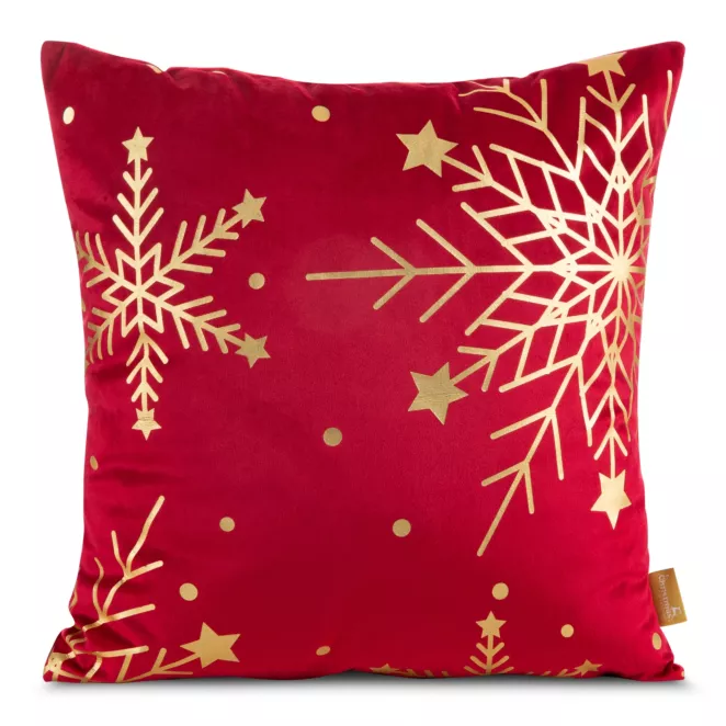 Poszewka na poduszkę świąteczna 45x45 cm welwetowa czerwona zdobiona świątecznym nadrukiem szampańskich śnieżynek Eurofirany